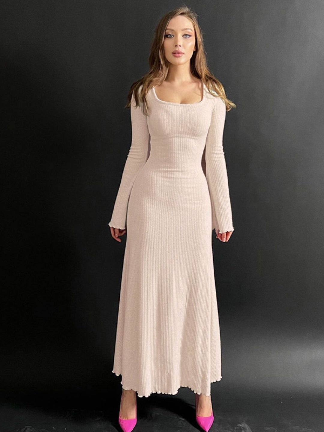 Cream Round Neck Long Sleeves Solid Polyester A-Line Dress