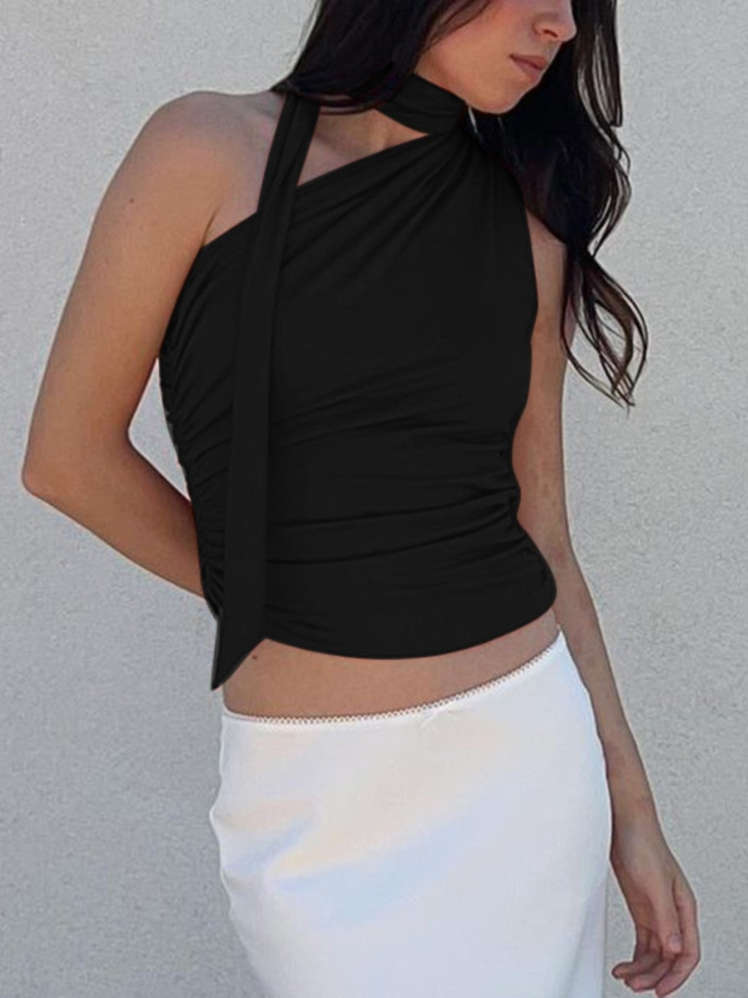 Black One Shoulder Solid Sleeveless Polyester Top