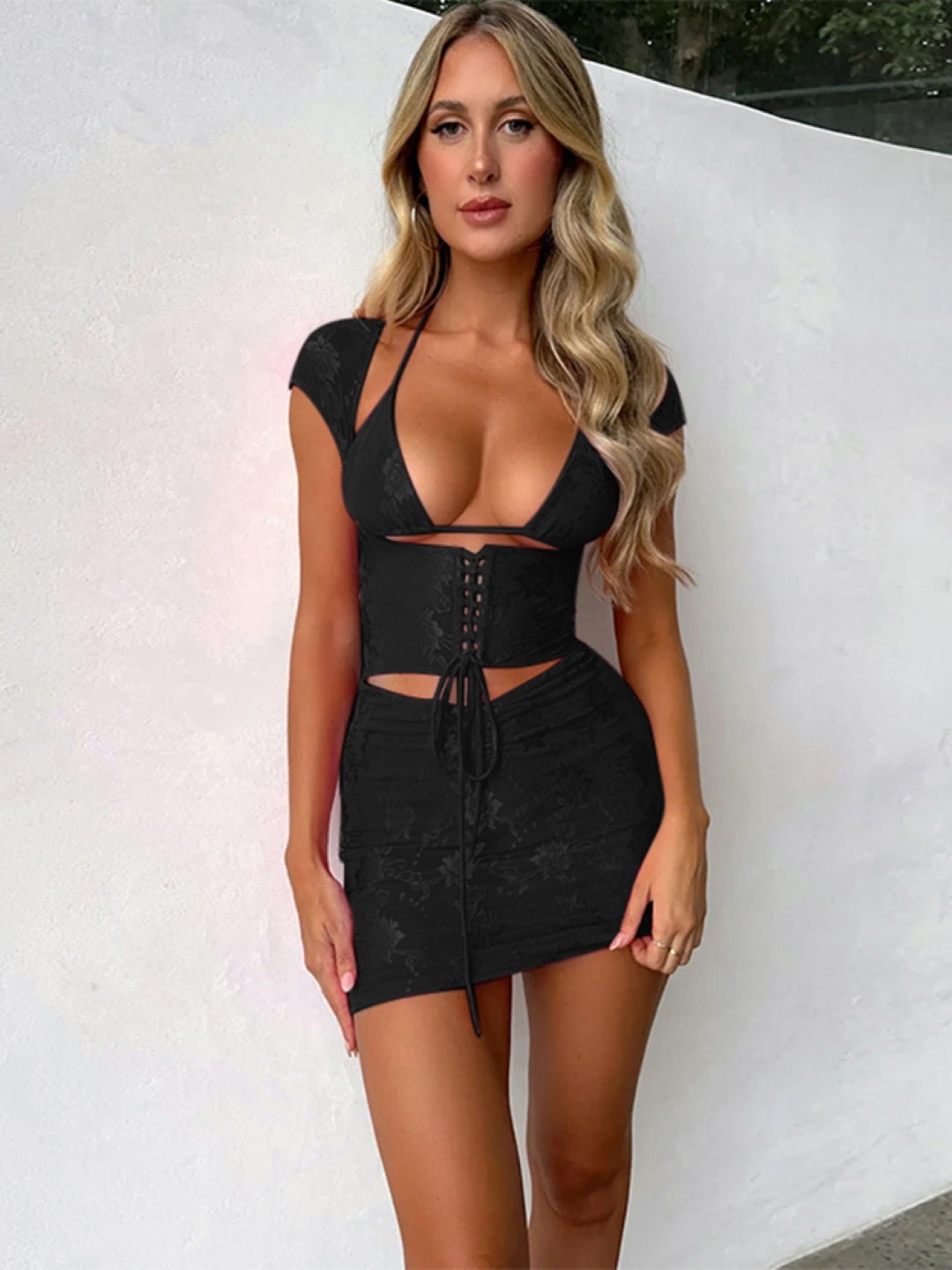 Black Top & Skirt Polyester Clothing Set