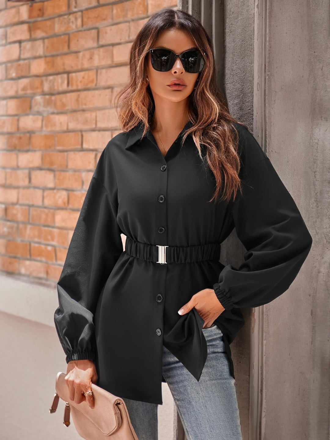 Black Shirt Collar Long Sleeve Polyester Top