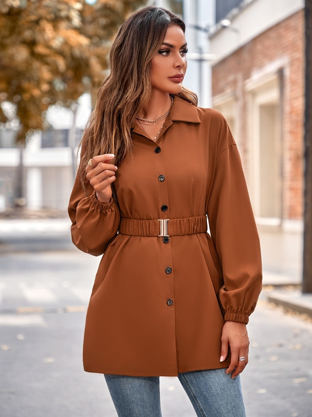 Brown Shirt Collar Long Sleeve Polyester Top