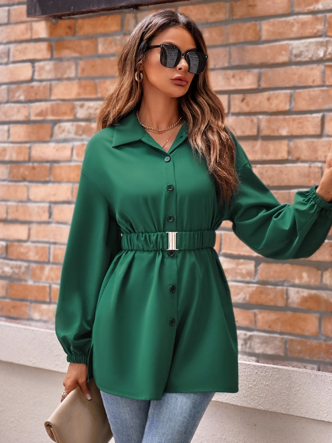 Green Shirt Collar Long Sleeve Polyester Top