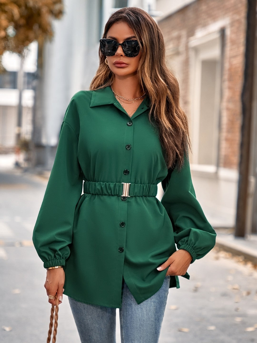 Green Shirt Collar Long Sleeve Polyester Top