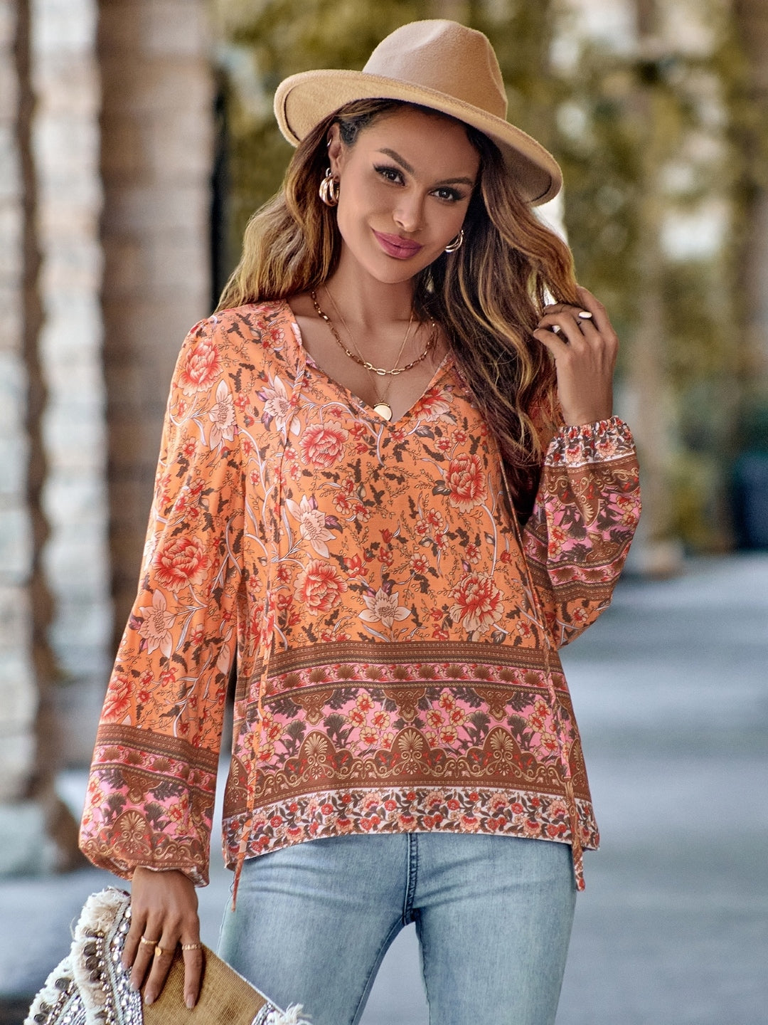 Orange V-Neck Long Sleeve Viscose Rayon Top