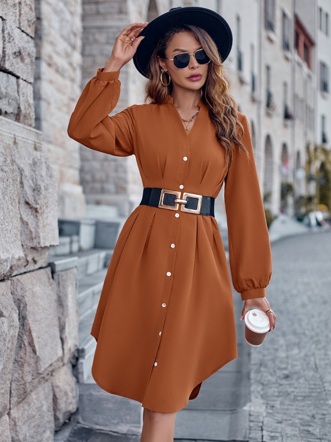 Brown V-Neck Solid Long Sleeves Polyester A-Line Dress