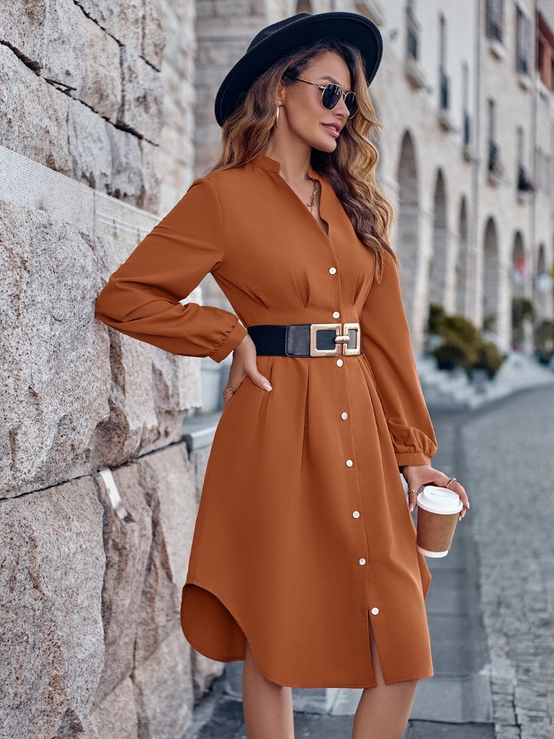 Brown V-Neck Solid Long Sleeves Polyester A-Line Dress