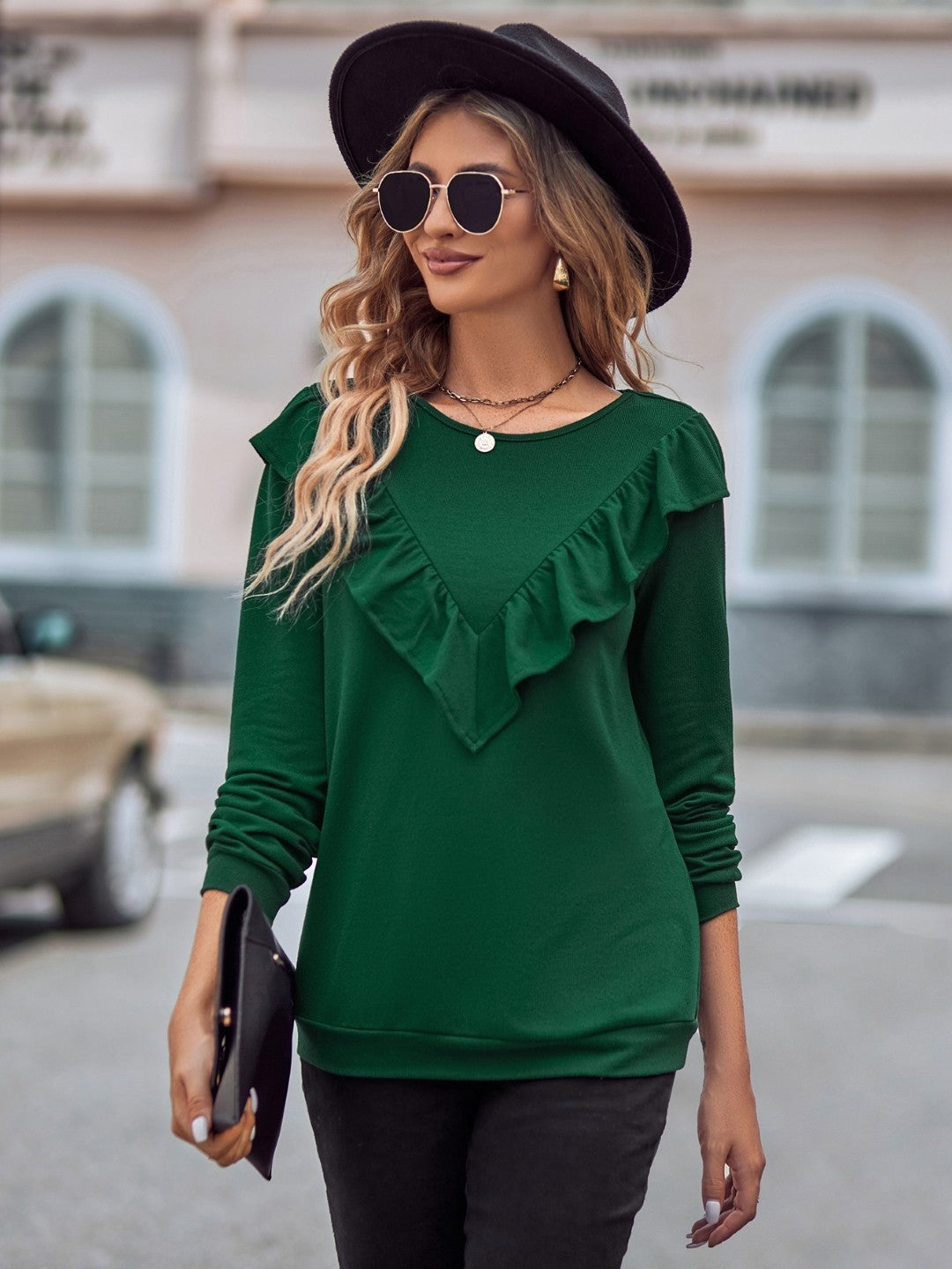 Green Round Neck Long Sleeve Polyester Top