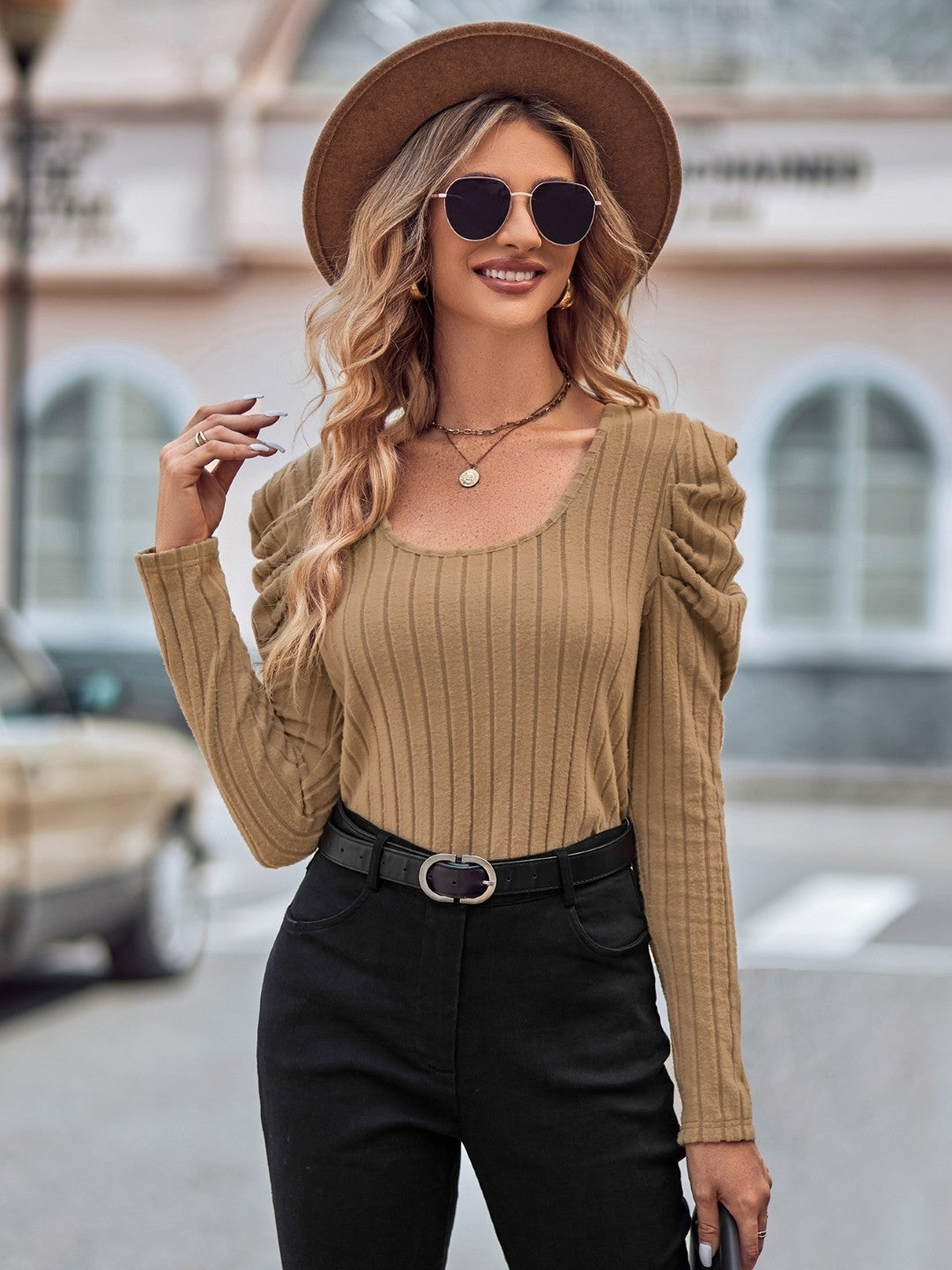 Khaki Round Neck Long Sleeve Polyester Top