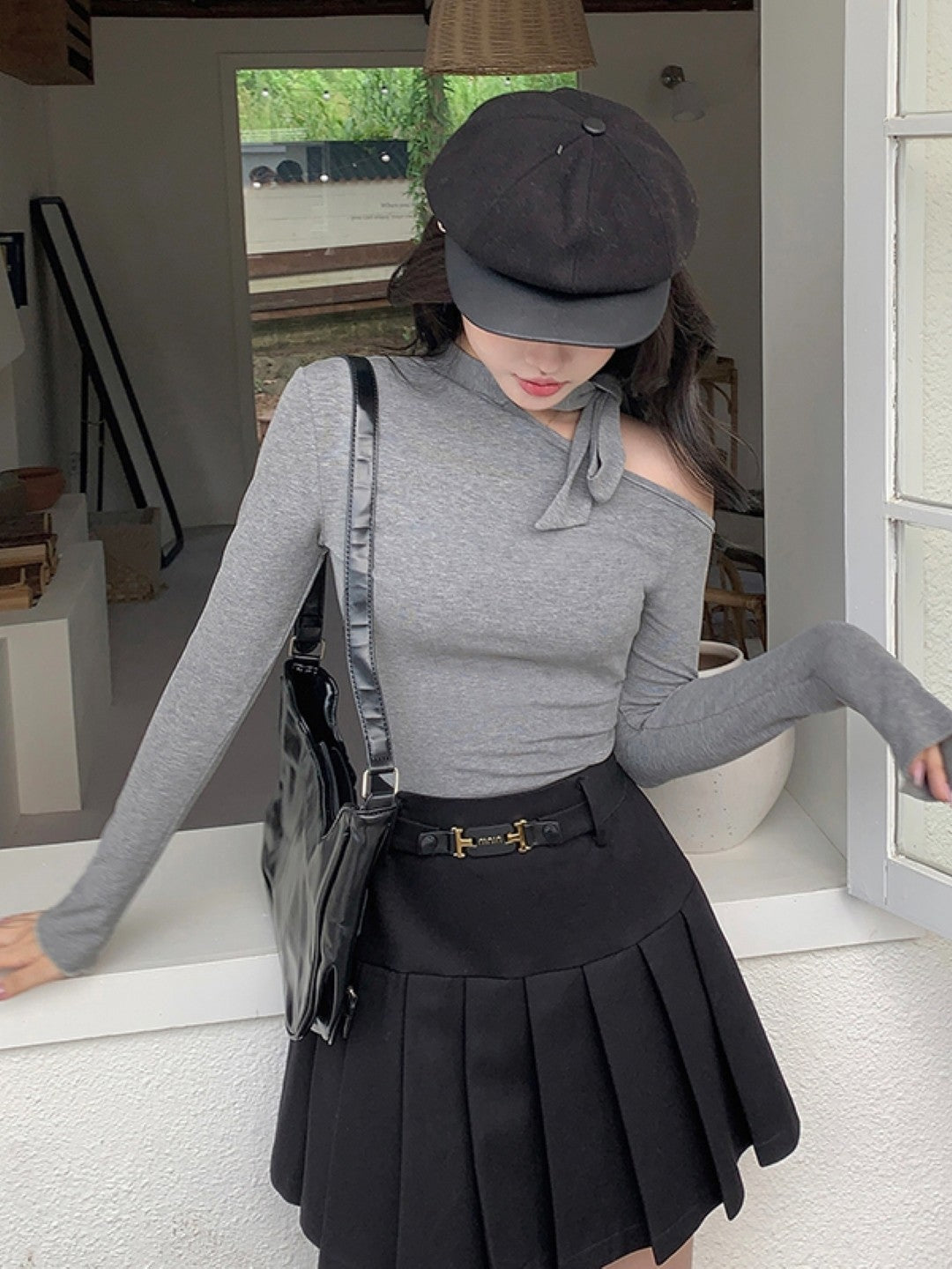 Grey One Shoulder Long Sleeve Viscose Top