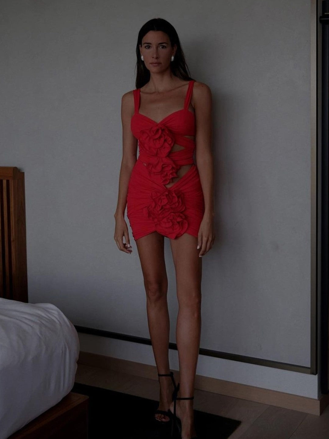 Red Shoulder Straps Solid Sleeveless Above Knees Bodycon Cutout Polyester Dress