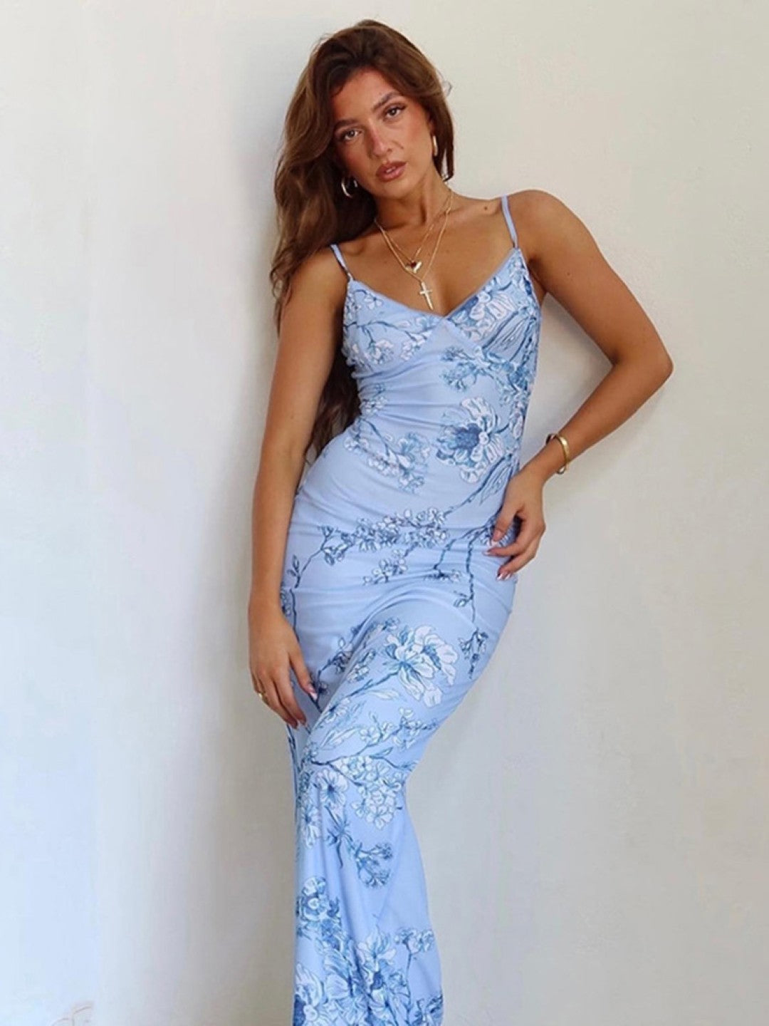 Blue Shoulder Straps Floral Sleeveless Maxi Bodycon Polyester Dress