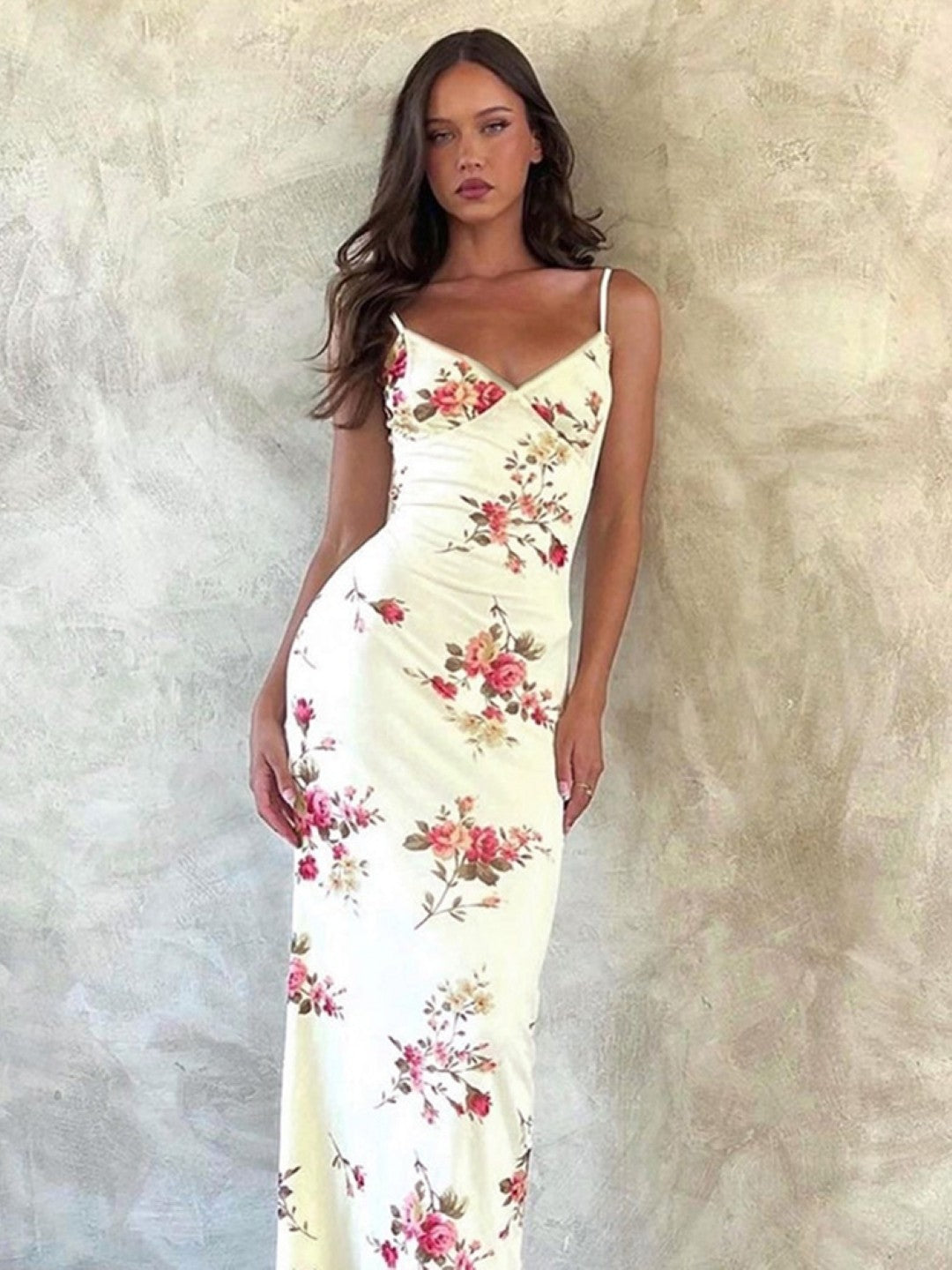 Khaki Shoulder Straps Floral Sleeveless Maxi Bodycon Polyester Dress