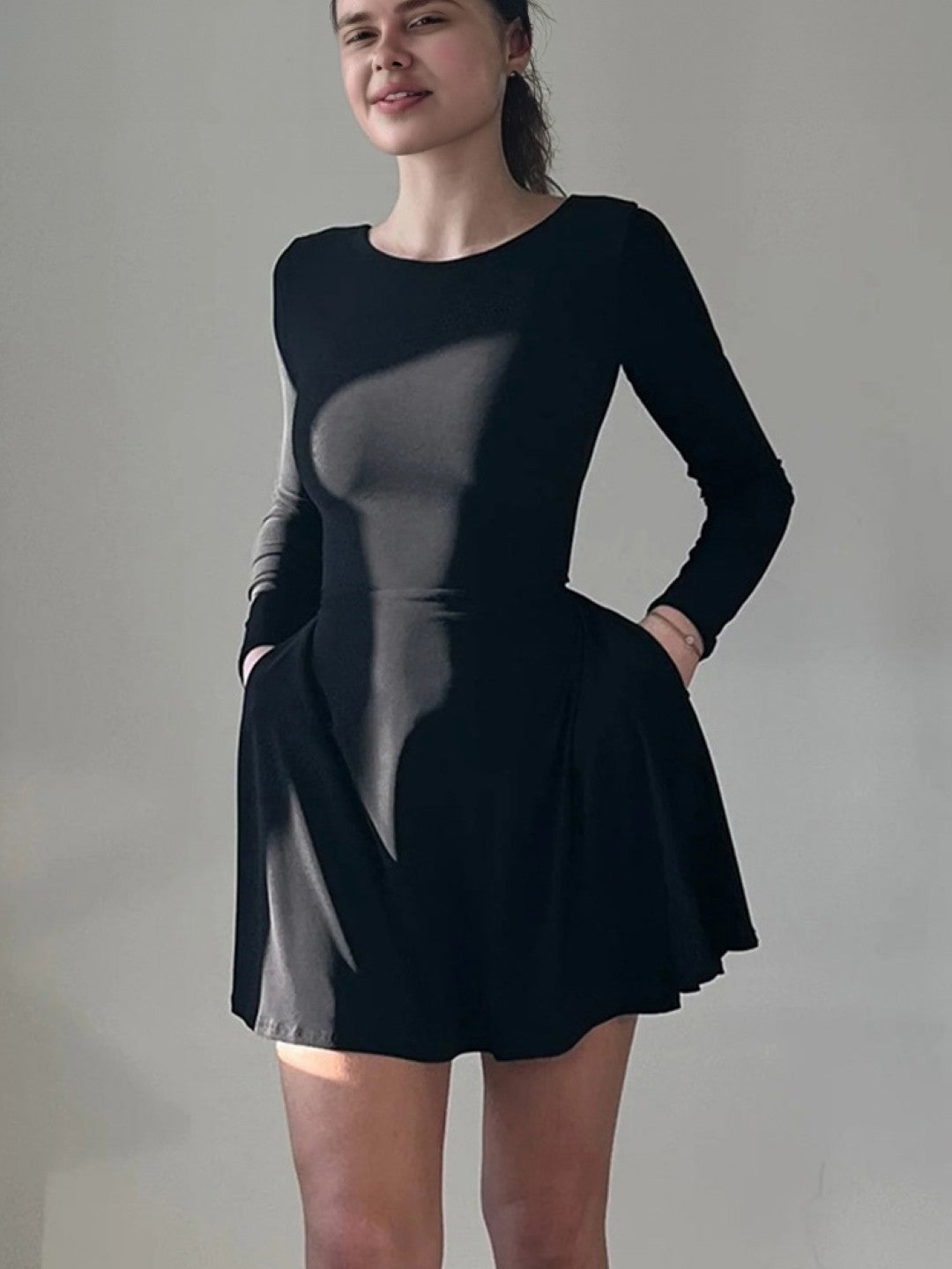 Black Boat Neck Solid Long Sleeves Above Knees A-Line Polyester Dress