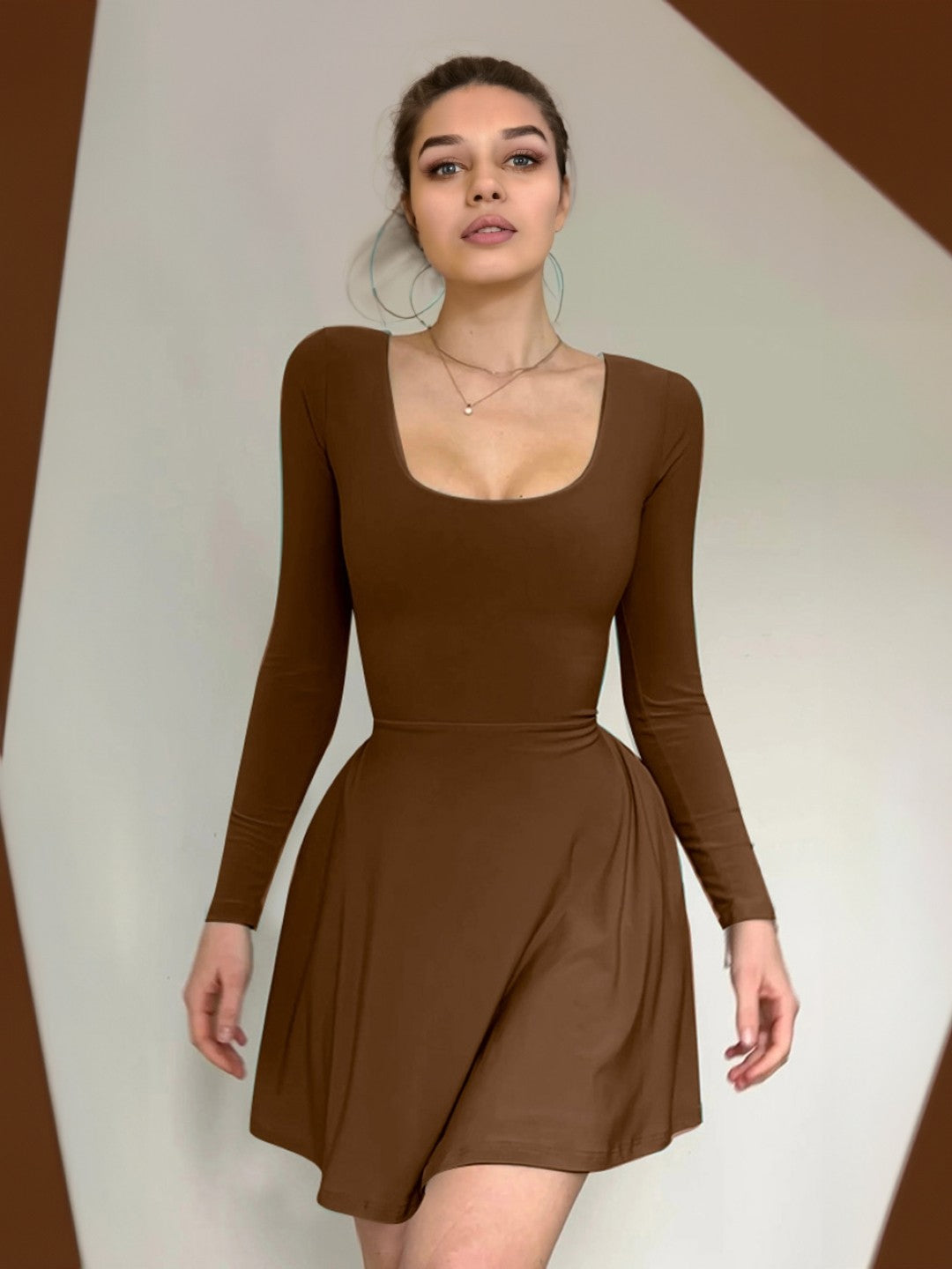 Brown Boat Neck Solid Long Sleeves Above Knees A-Line Polyester Dress