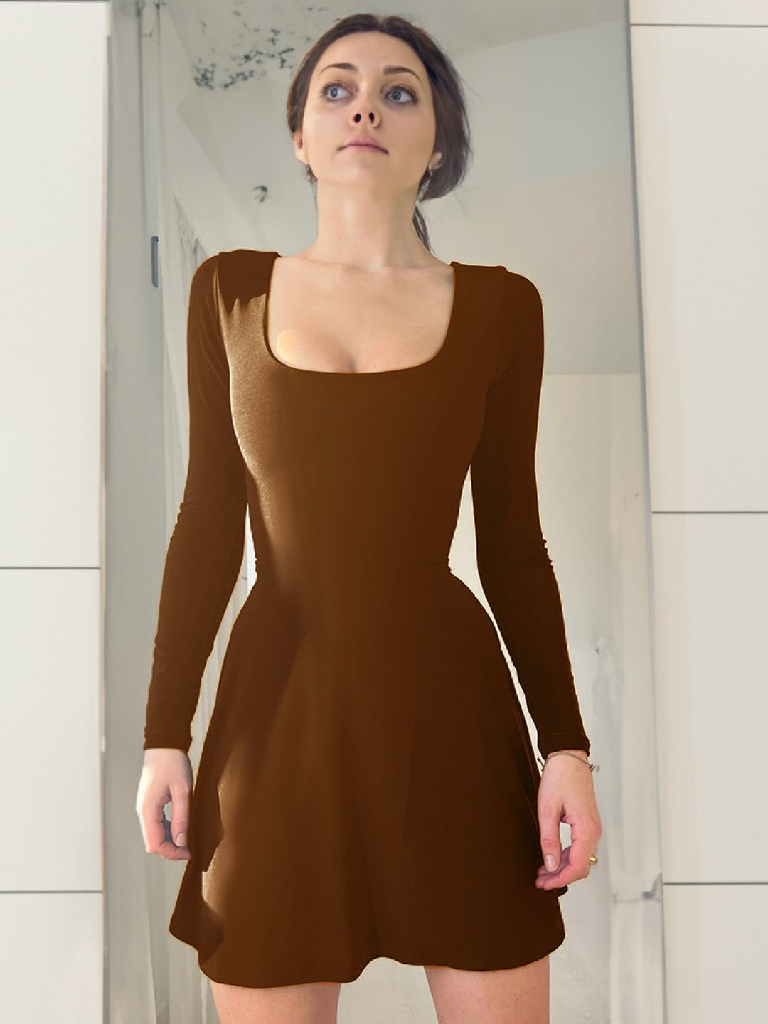 Brown Boat Neck Solid Long Sleeves Above Knees A-Line Polyester Dress