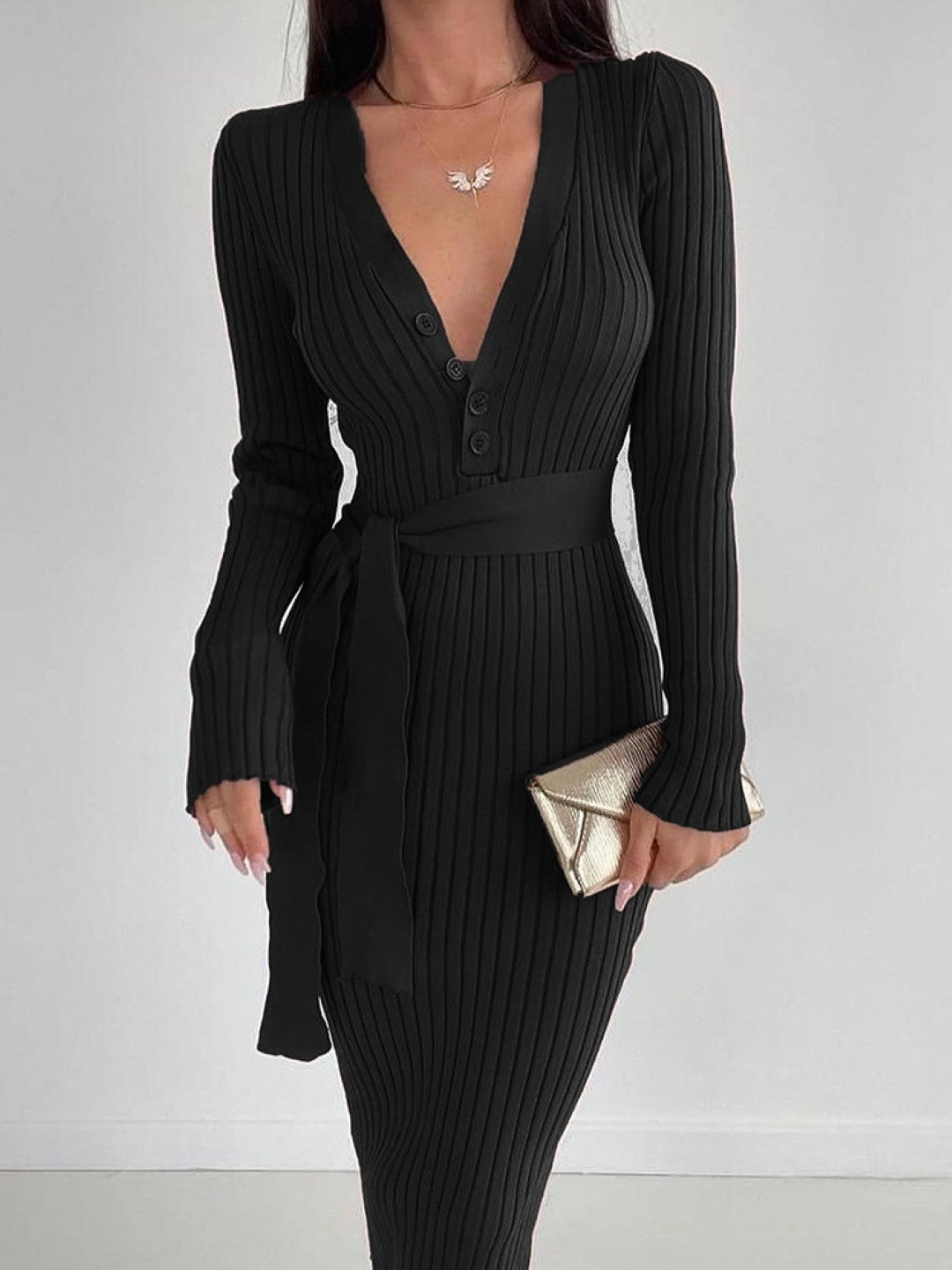 Black V-Neck Solid Long Sleeves Maxi Bodycon Cotton Dress