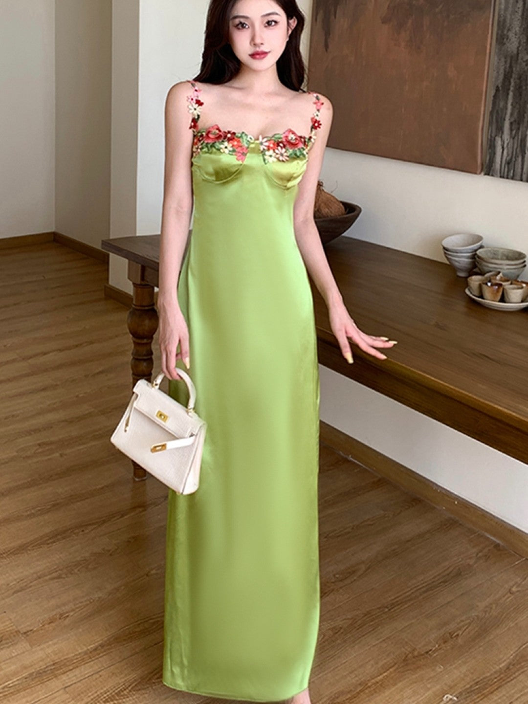 Green Shoulder Straps Floral Sleeveless Maxi Bodycon Polyester Dress