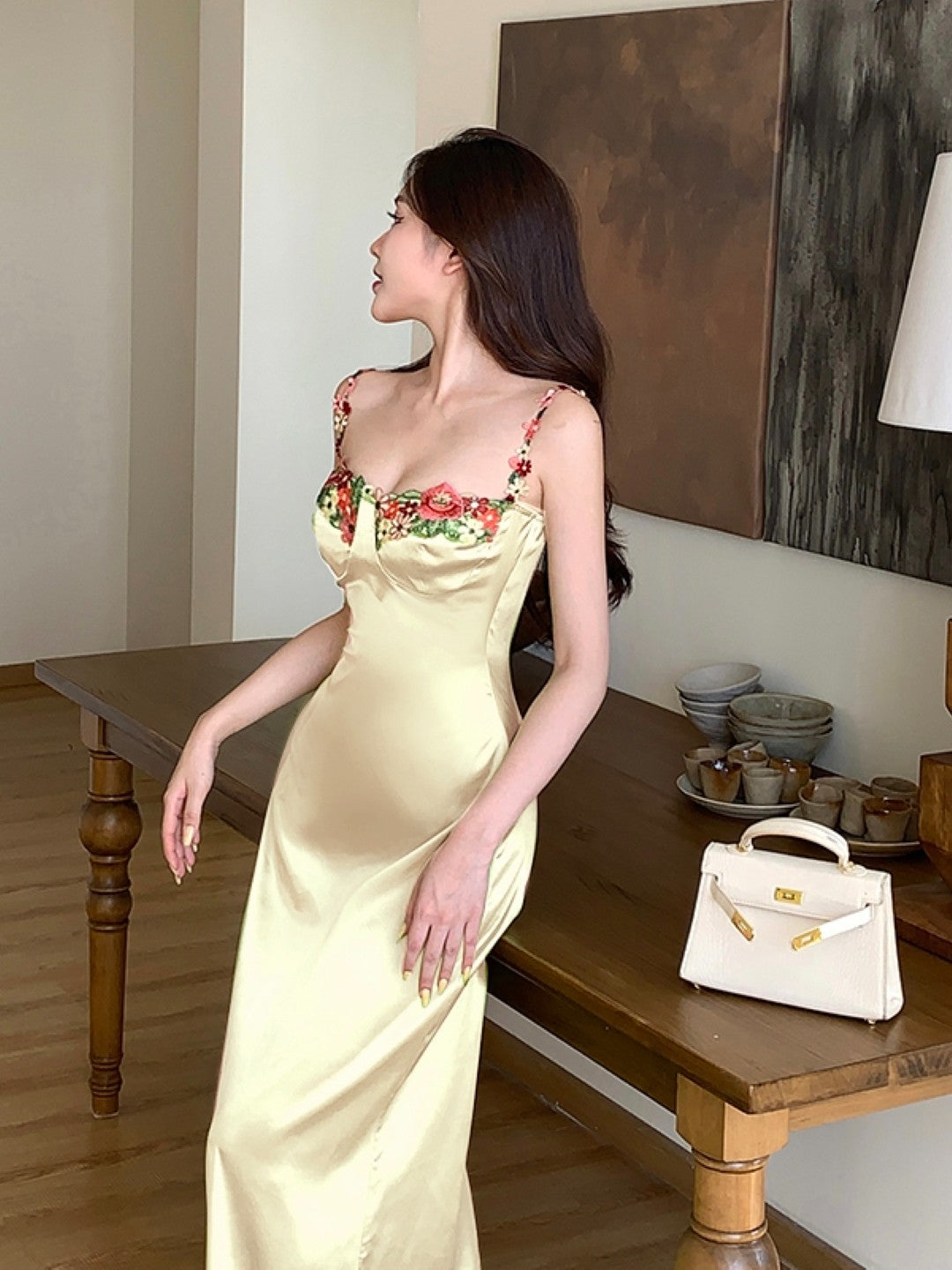 Yellow Shoulder Straps Floral Sleeveless Maxi Bodycon Polyester Dress