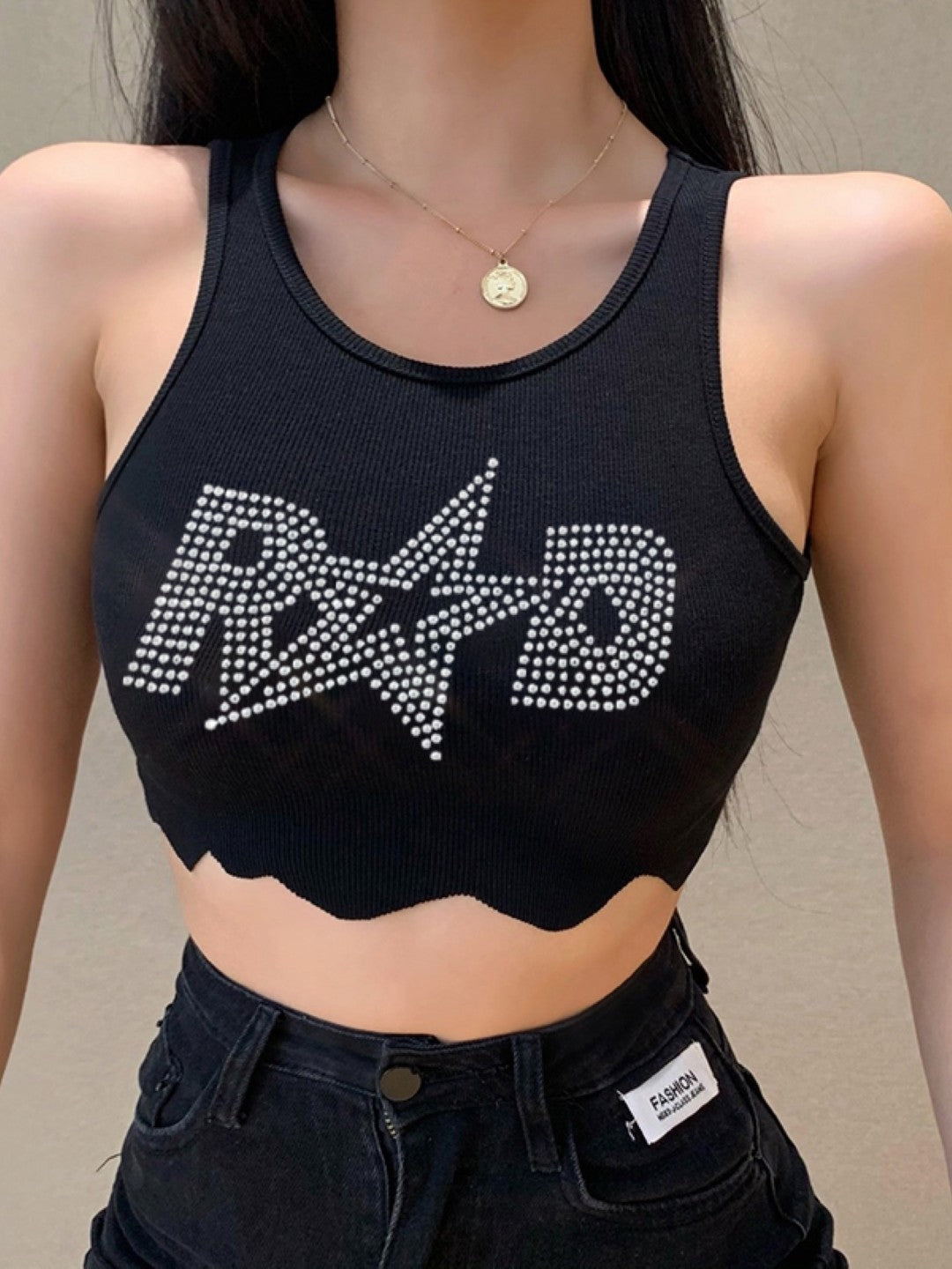 Black Round Neck Sleeveless Polyester Crop Top