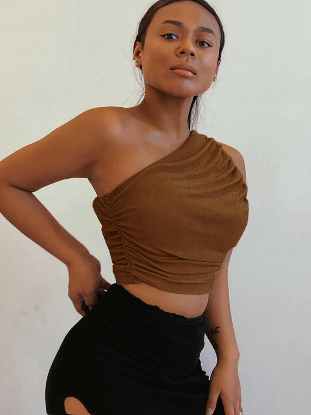 Brown One Shoulder Sleeveless Polyester Top