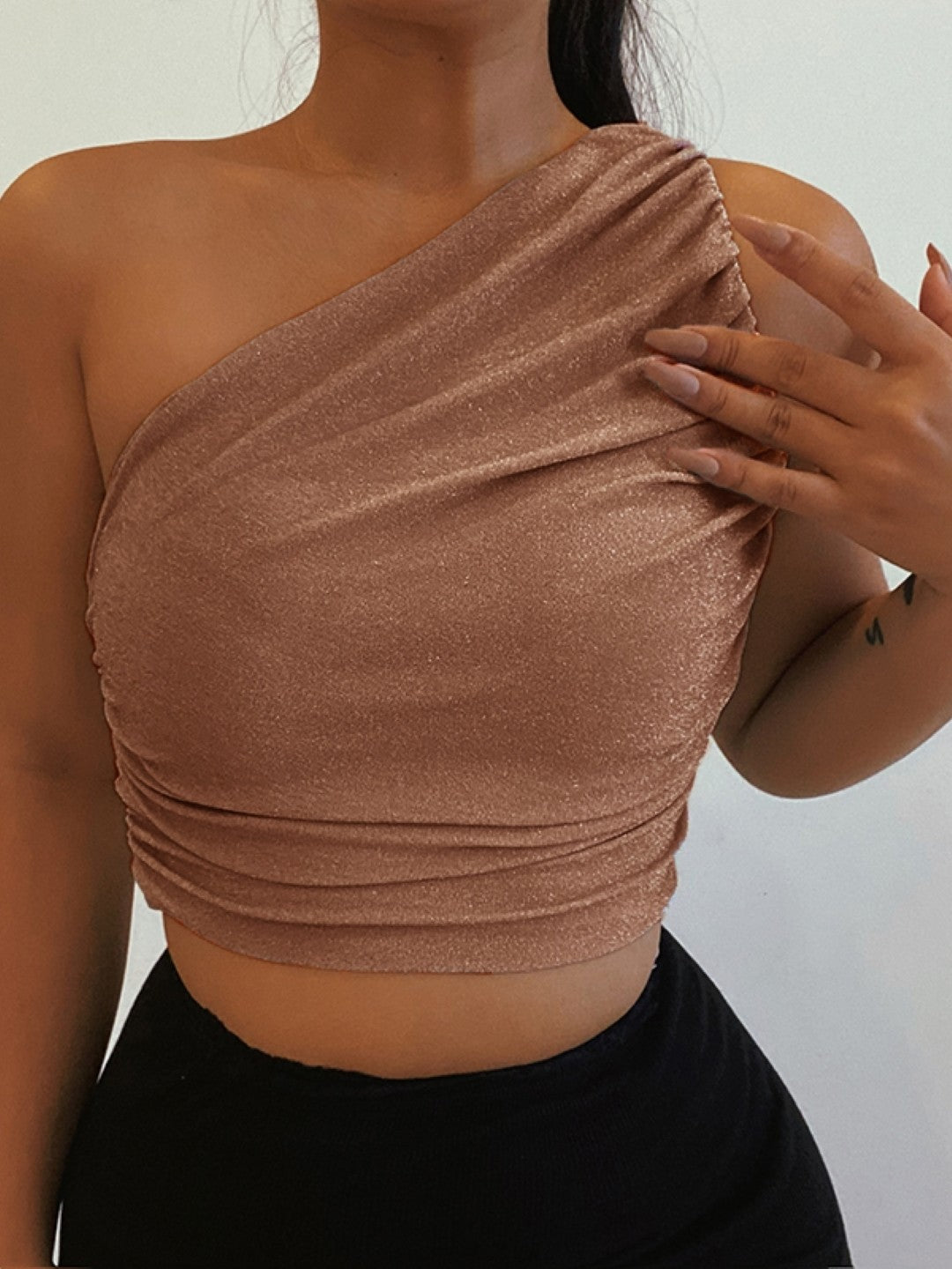 Brown One Shoulder Sleeveless Polyester Top