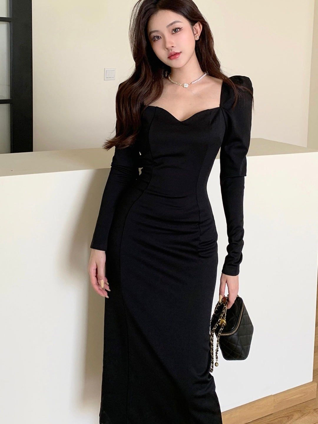 Black V-Neck Solid Long Sleeves Maxi Bodycon Polyester Dress