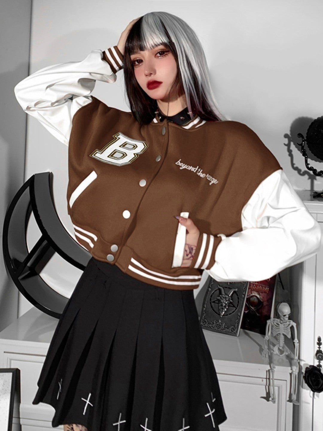 Brown Round Neck Long Sleeves Polyester Top