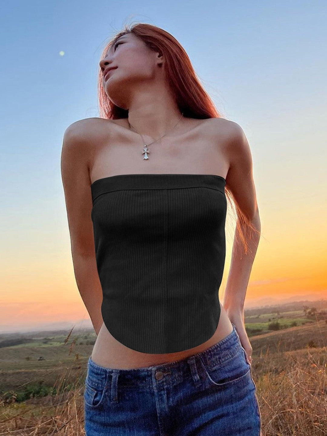 Black Off-Shoulder Sleeveless Polyester Tube Top