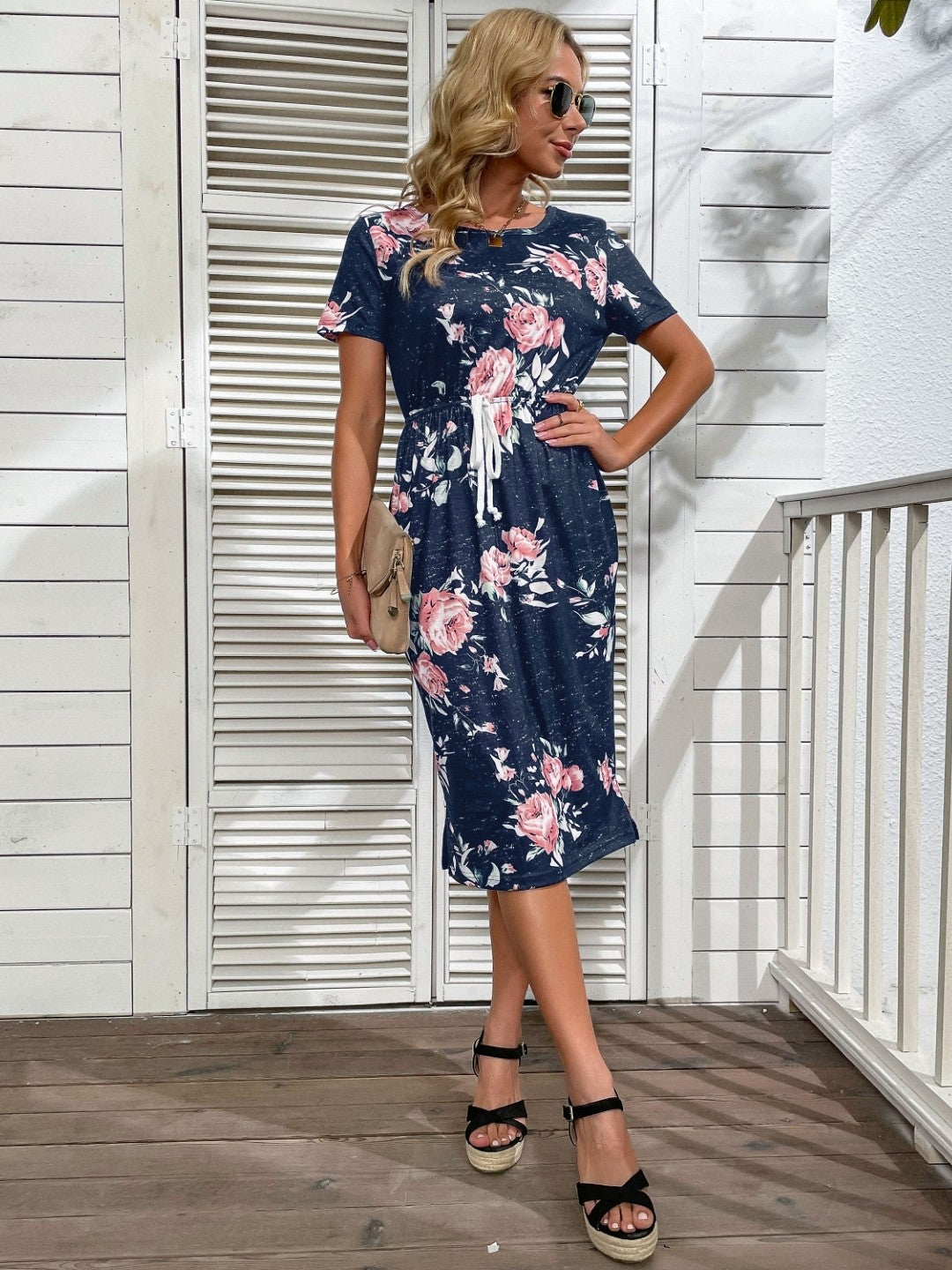 Navy Blue Round Neck Floral Short Sleeves Maxi A-Line Polyester Dress