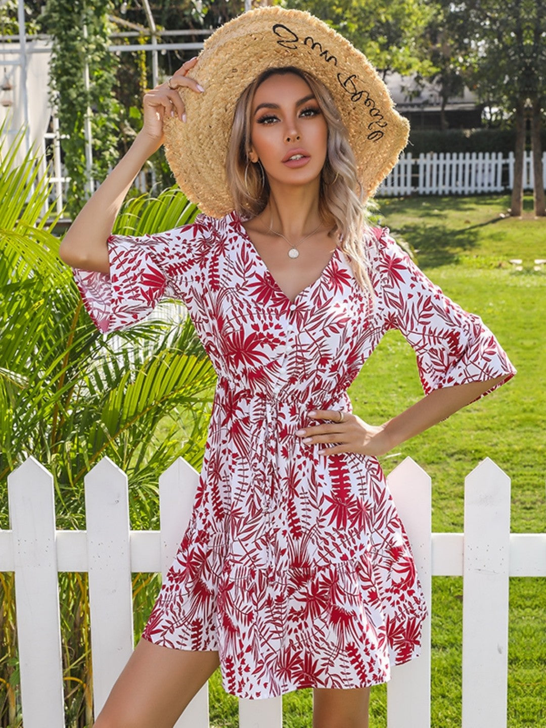 Burgundy V-Neck Floral Short Sleeves Above Knees A-Line Polyester Dress