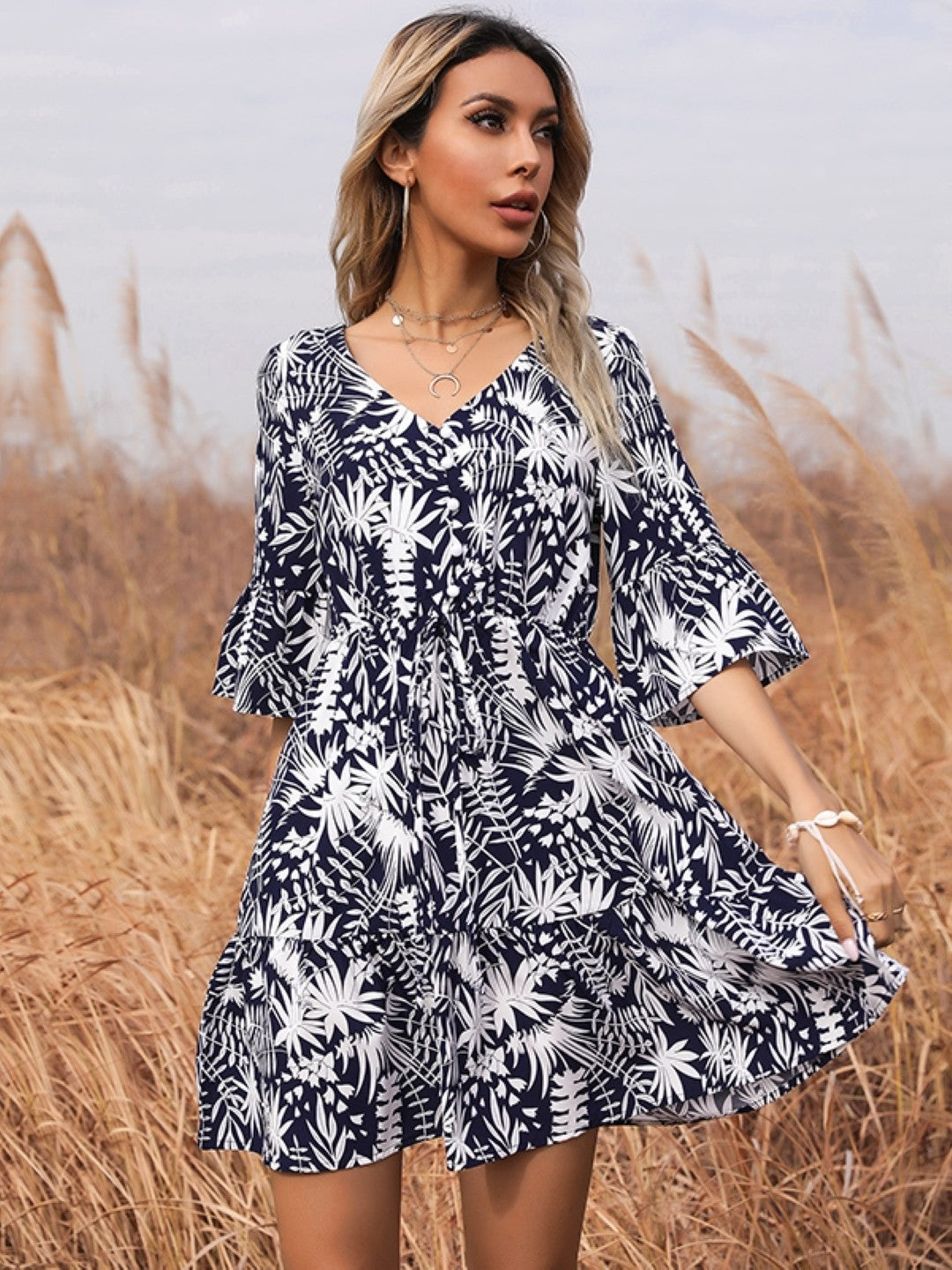 Navy Blue V-Neck Floral Short Sleeves Above Knees A-Line Polyester Dress