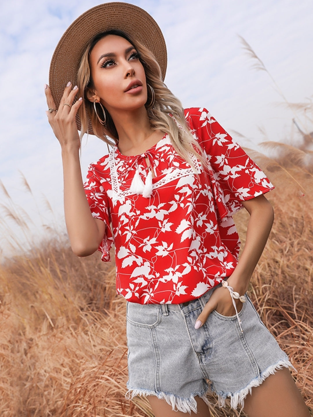 Red Round Neck Floral Short Sleeves Polyester Top