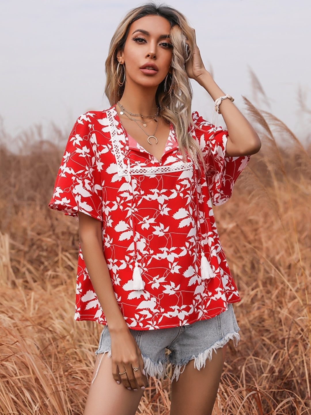 Red Round Neck Floral Short Sleeves Polyester Top