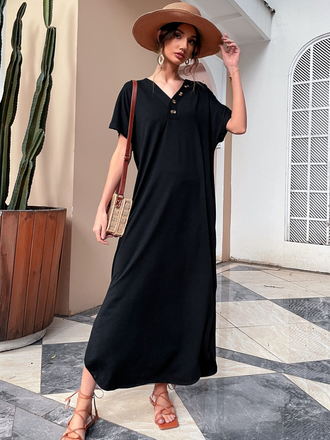 Black V-Neck Solid Sleeveless Maxi Side Slit A-Line Polyester Dress