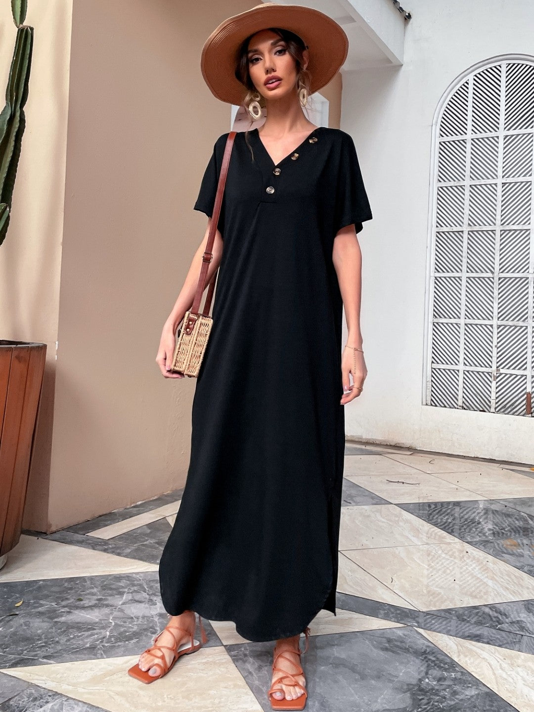 Black V-Neck Solid Sleeveless Maxi Side Slit A-Line Polyester Dress