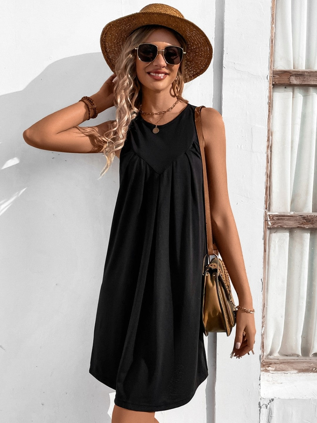 Black V-Neck Solid Sleeveless Knee Length A-Line Polyester Dress