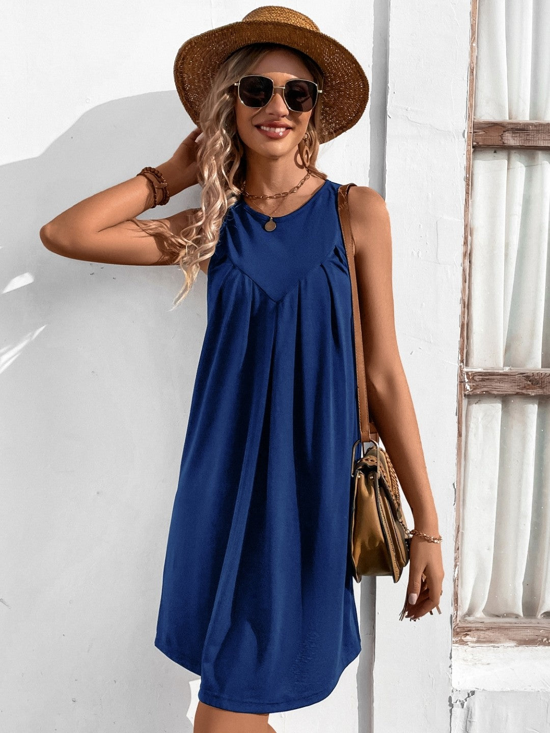 Blue V-Neck Solid Sleeveless Knee Length A-Line Polyester Dress