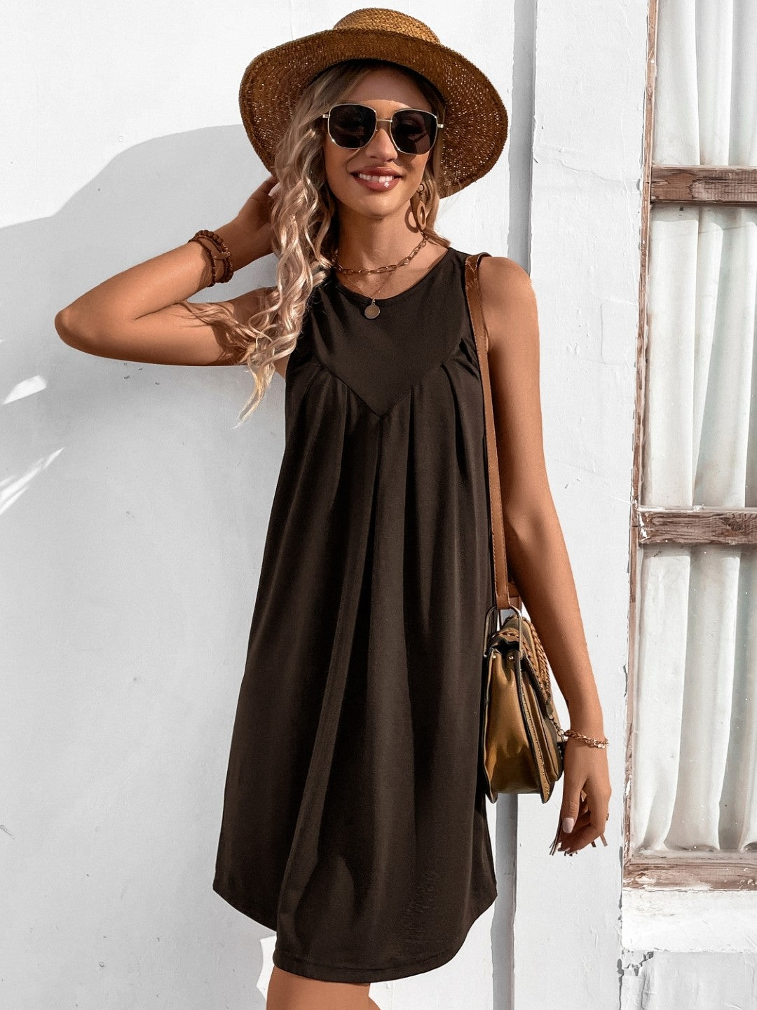 Brown V-Neck Solid Sleeveless Knee Length A-Line Polyester Dress