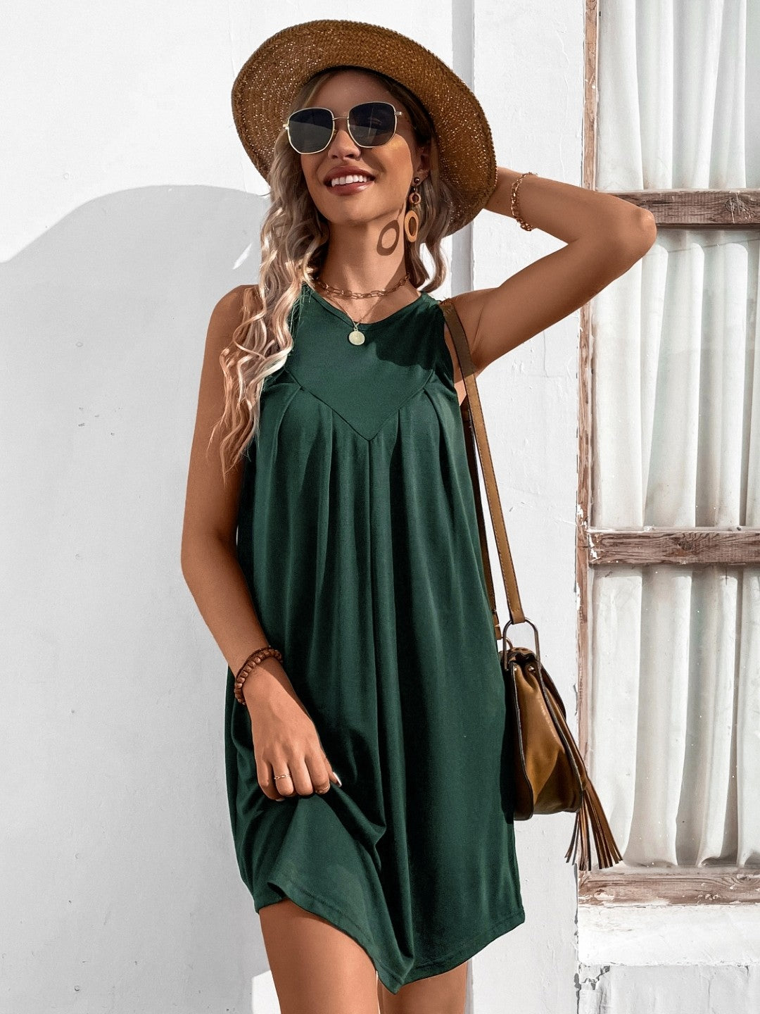 Dark Green V-Neck Solid Sleeveless Knee Length A-Line Polyester Dress