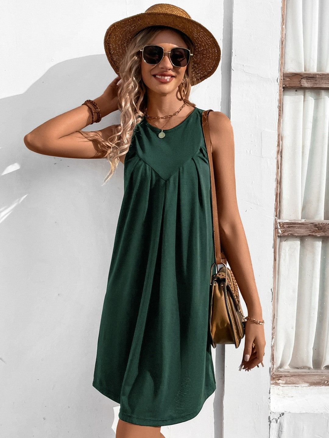 Dark Green V-Neck Solid Sleeveless Knee Length A-Line Polyester Dress