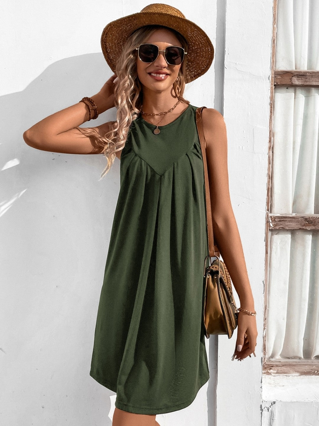 Green V-Neck Solid Sleeveless Knee Length A-Line Polyester Dress