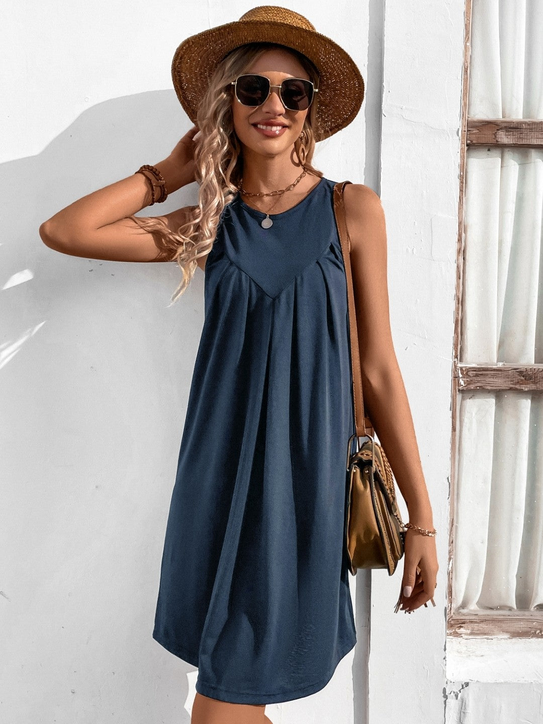 Navy Blue V-Neck Solid Sleeveless Knee Length A-Line Polyester Dress