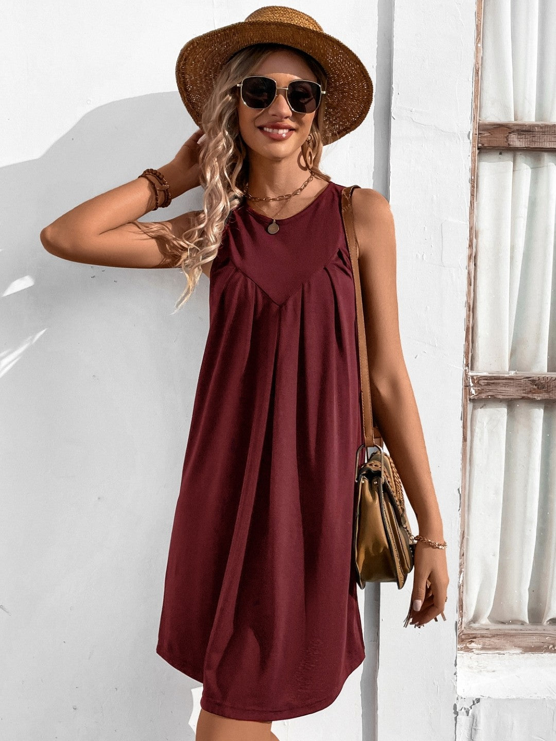 Red V-Neck Solid Sleeveless Knee Length A-Line Polyester Dress