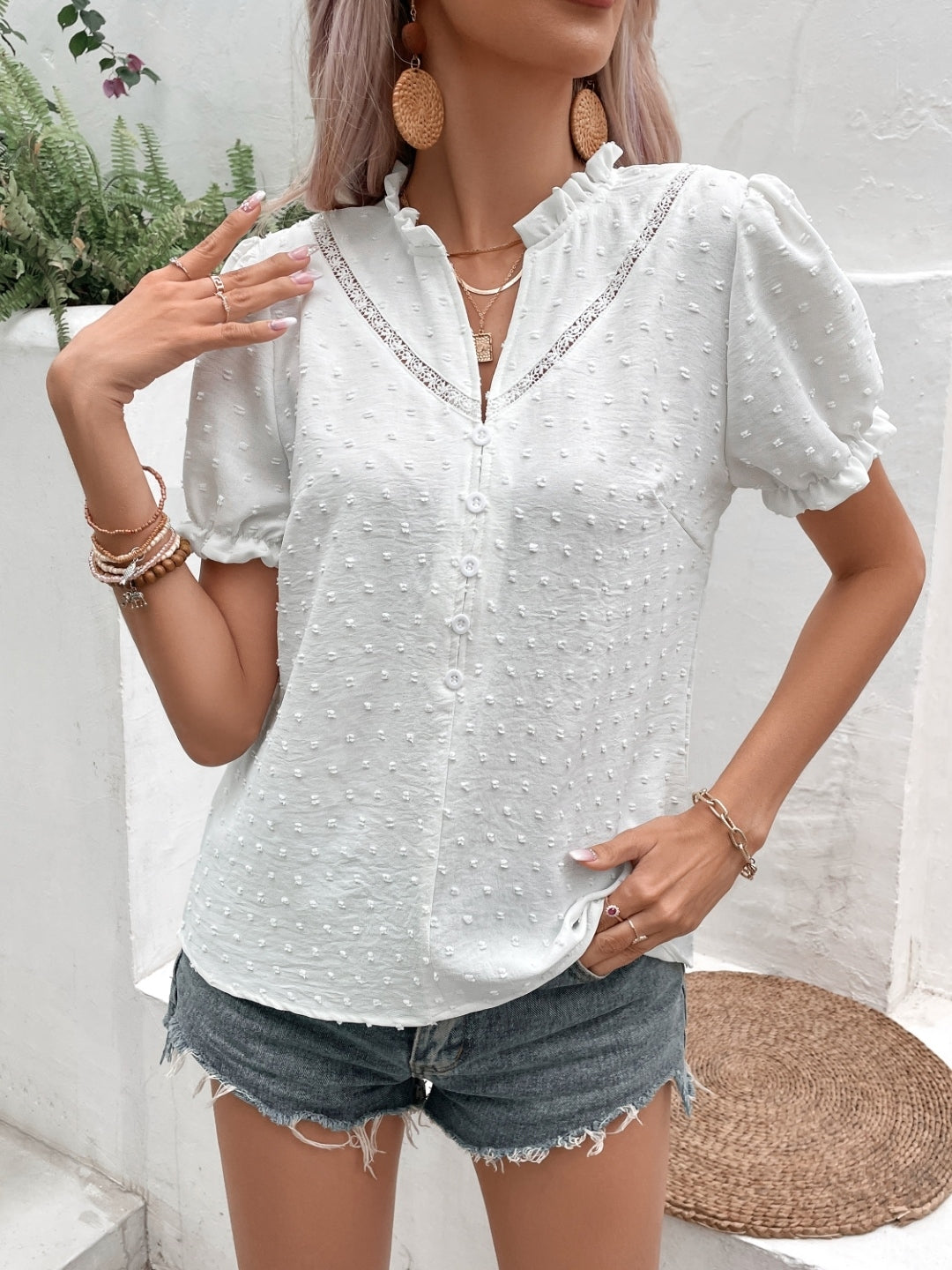 White V-Neck Solid Short Sleeves Polyester Top