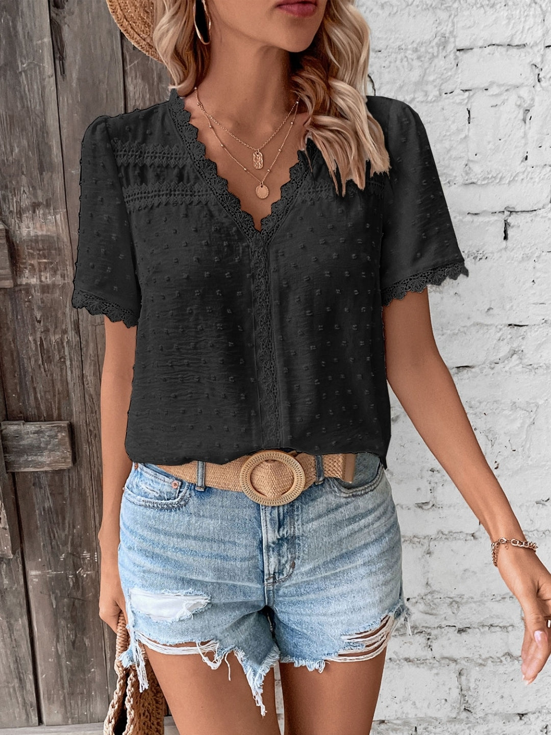 Black V-Neck Solid Short Sleeves Polyester Top