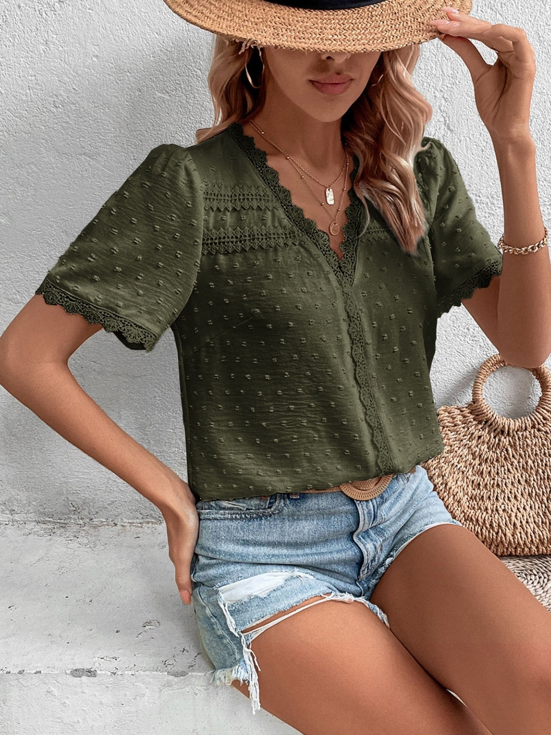 Green V-Neck Solid Short Sleeves Polyester Top