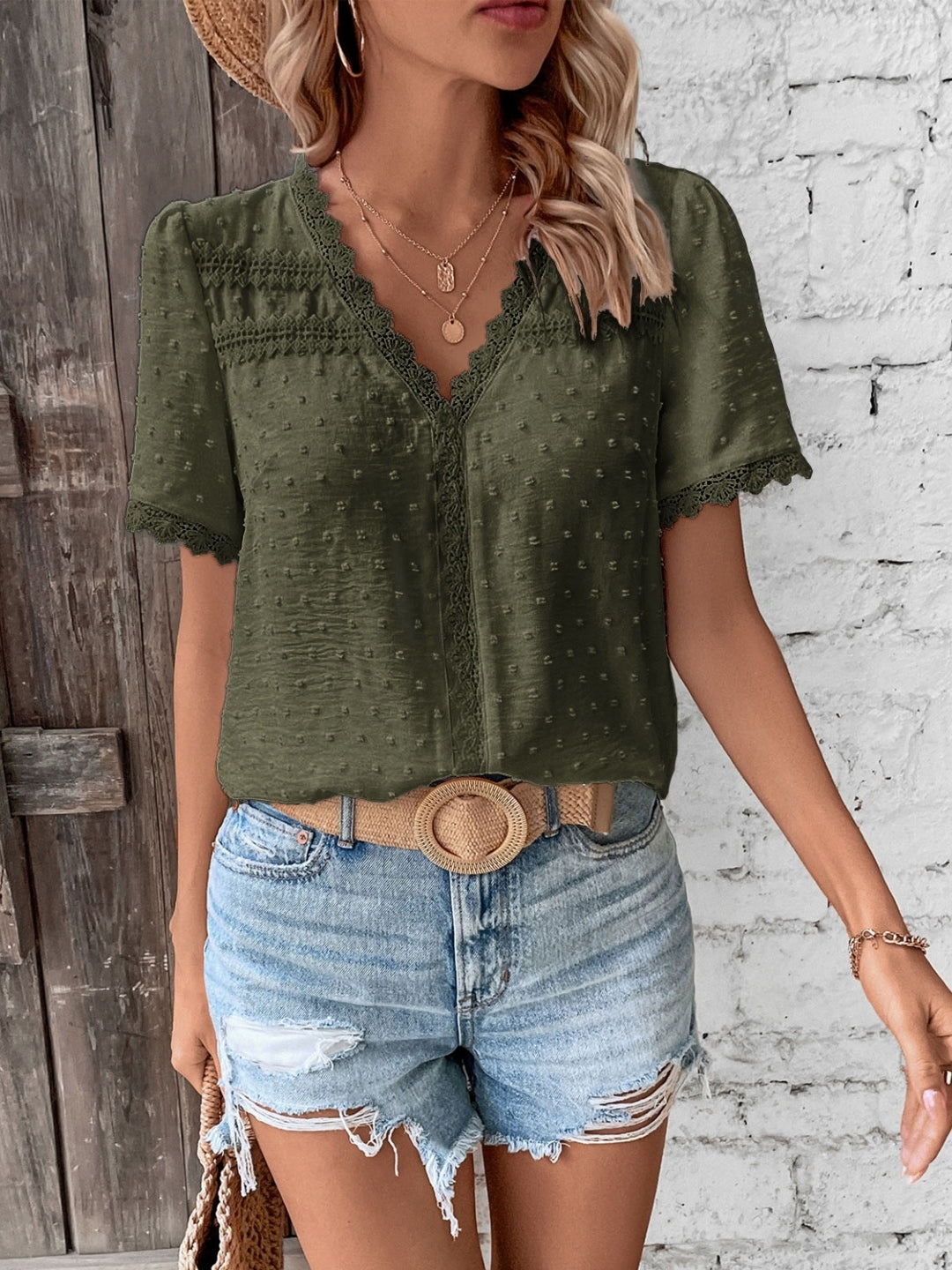 Green V-Neck Solid Short Sleeves Polyester Top