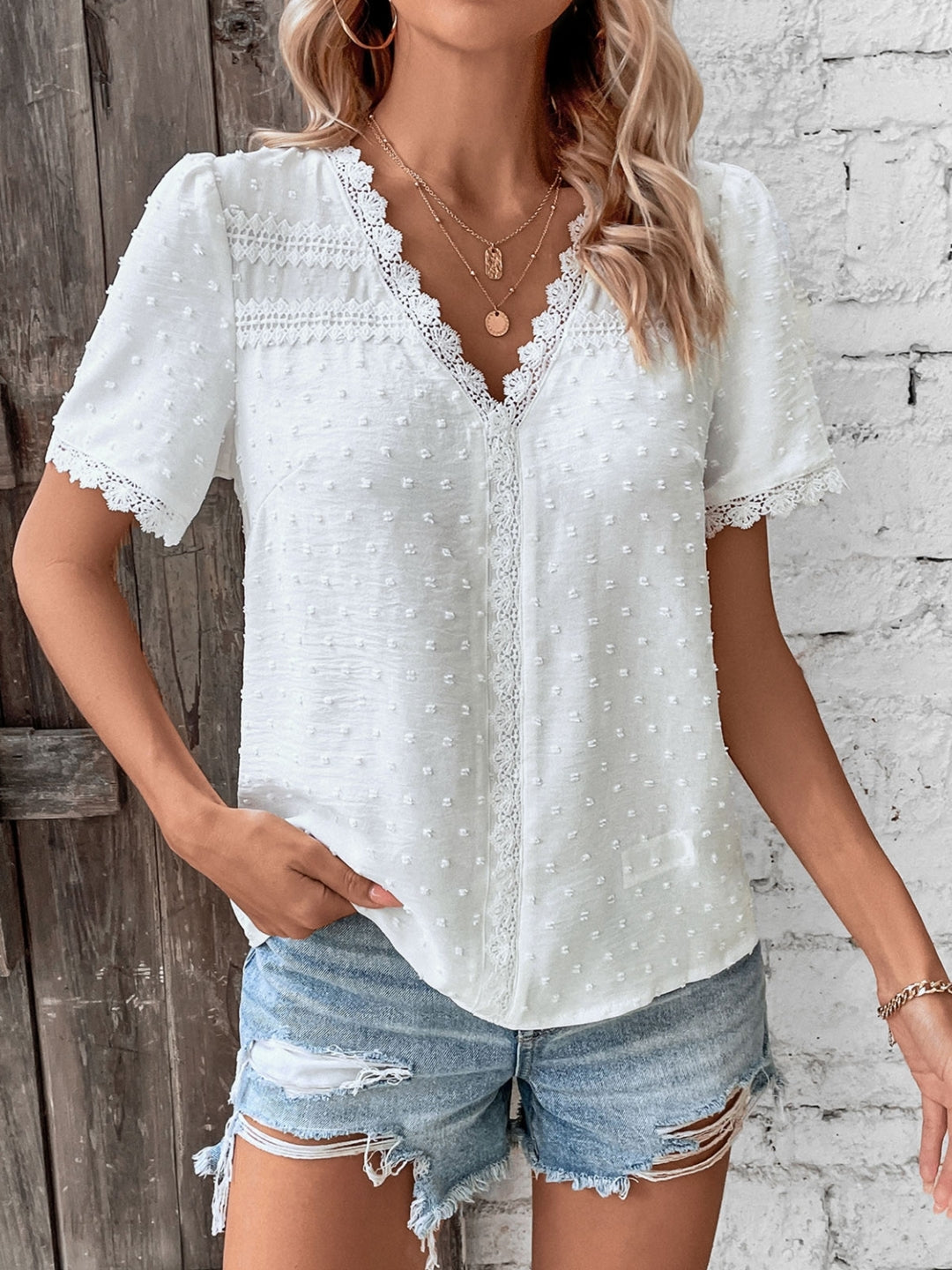 White V-Neck Solid Short Sleeves Polyester Top