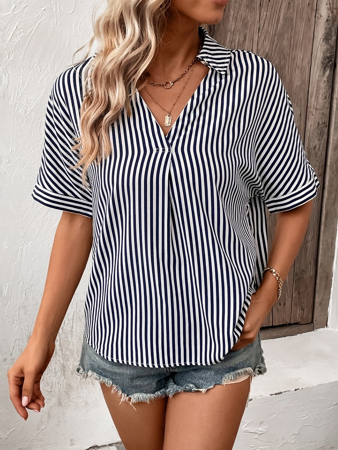 Navy Blue V-Neck Striped Short Sleeves Polyester Top