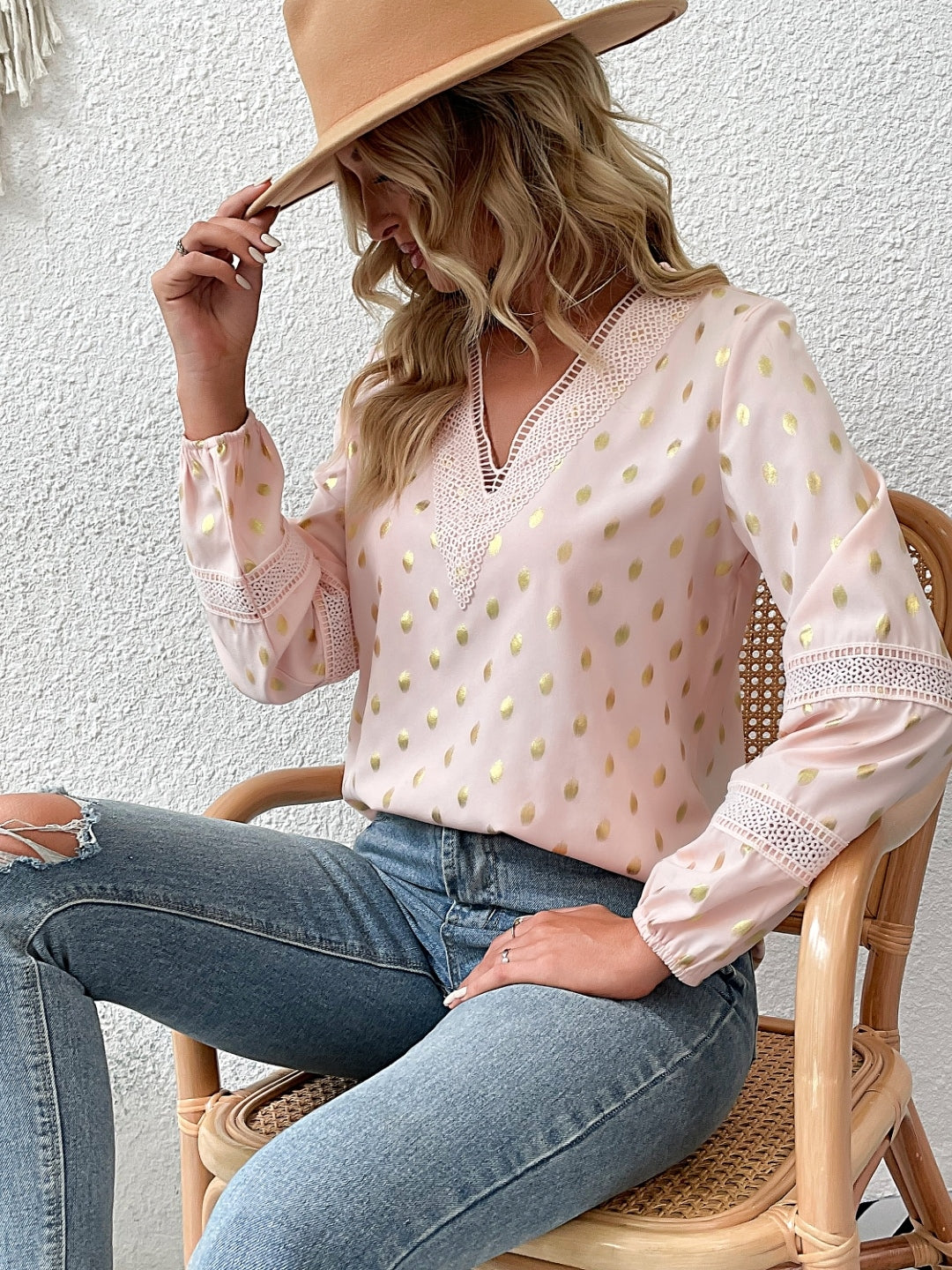 Pink V-Neck Solid Long Sleeves Polyester Top